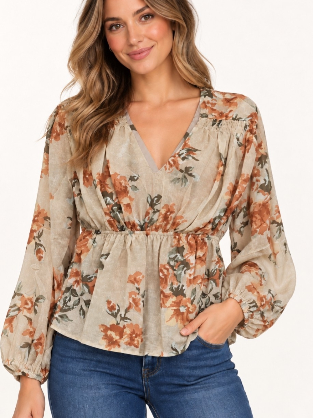 Promesa Floral Tie-Back Peplum Blouse - Cream, Brown & Green
